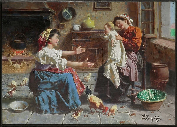 Two Women's Meeting and a Baby (oil on canvas)