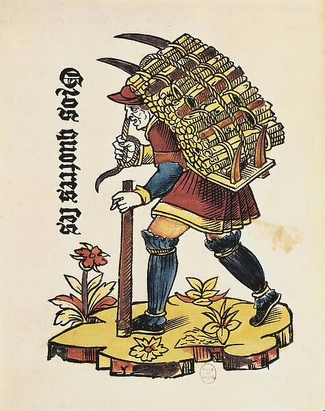 Wood carrier, 16th century (colour etching)