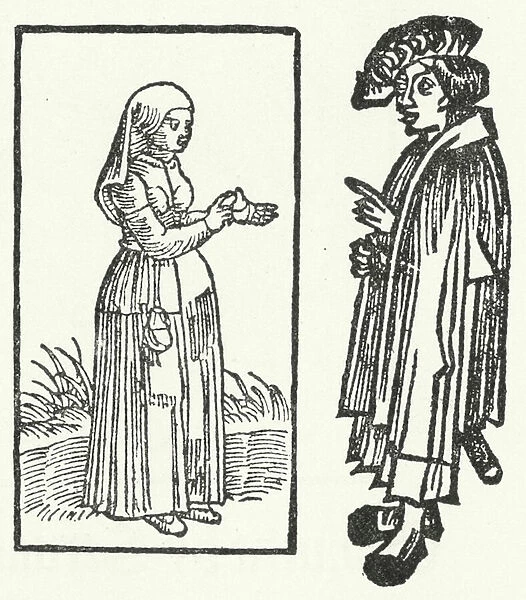 A woodcut of a scene from the story of Till Eulenspiegel. (engraving)