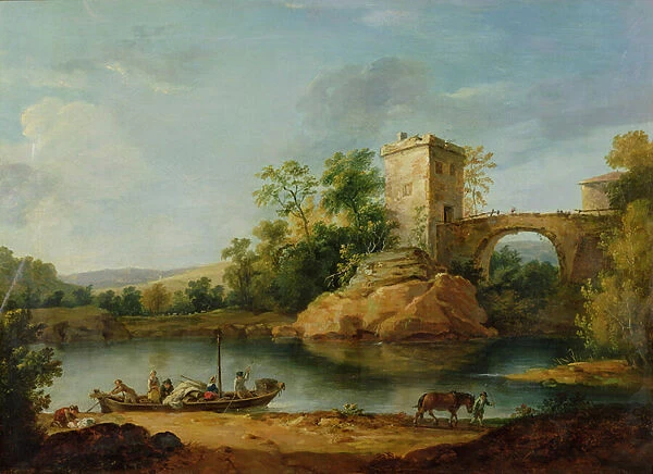 A Wooded Italianate River Landscape with Peasants in a Barge and a Bridge Beyond, c