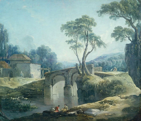 A Wooded Landscape with a Bridge over a River (oil on canvas)