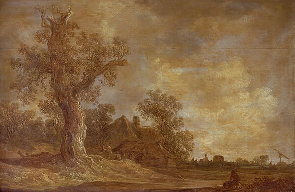 Wooded landscape with figures and oak tree