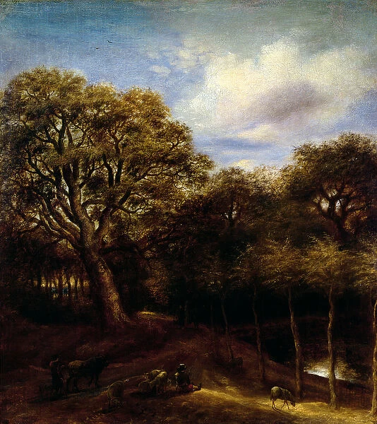 Wooded landscape with figures, sheep and oxen