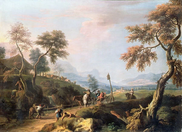 A Wooded Landscape with Gentlemen in a Carriage on a Road (oil on canvas)