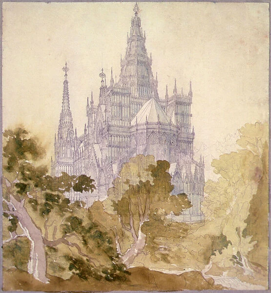 A Wooded Landscape with a Gothic Church (pencil, ink and w  /  c)