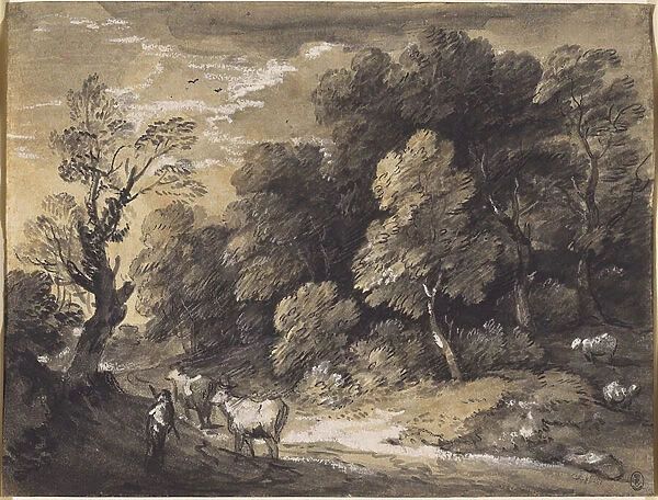 Wooded Landscape with Herdsman and Cattle, c. 1775-80 (black chalk & grey-black washes, heightened with white gouache on laid paper)