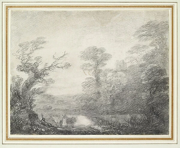 Wooded landscape with herdsman, cows and church tower, 1753-1757 (graphite on laid paper)