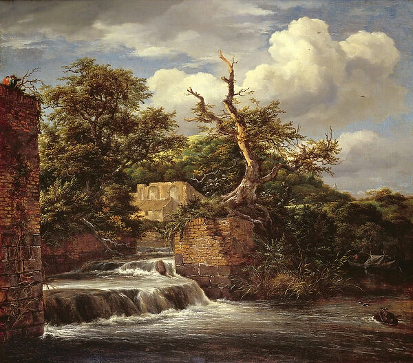 A wooded landscape with mill, ruin and two peasants on a tower