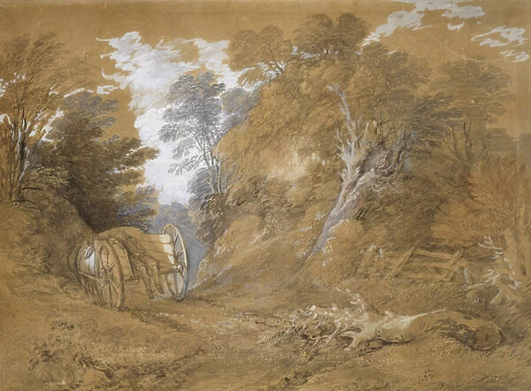Wooded landscape with a peasant boy asleep in a cart (watercolour