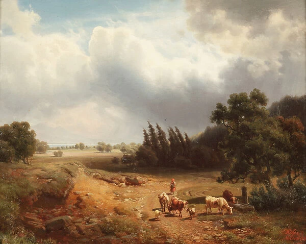 Wooded landscape with a shepherdess and her cattle, 1862 (oil on canvas)