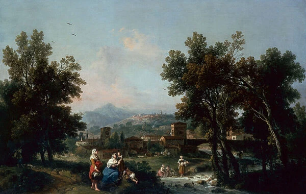 A Wooded Landscape with Washerwomen by a River (oil)