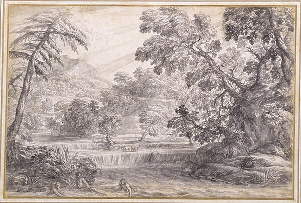 A Wooded River Landscape, c. 1650 (black chalk, brush & grey ink with grey wash on paper)