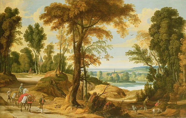 A wooded river landscape with figures on a road