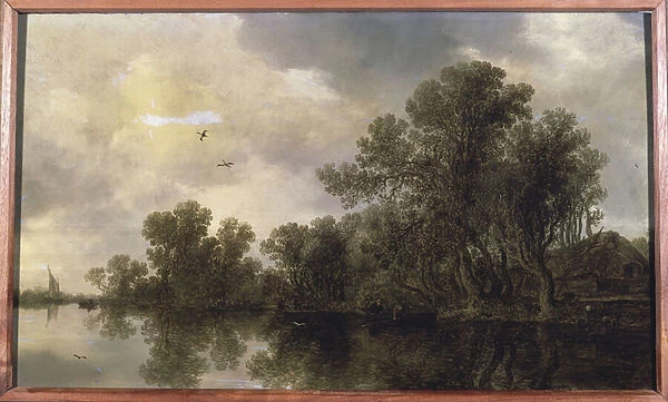 A wooded river landscape, with peasants in a rowing boat by a cottage and a ferry