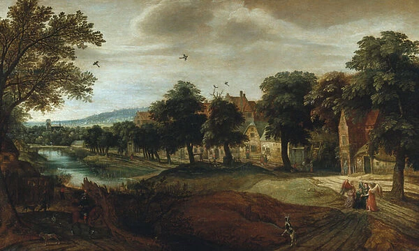 A wooded river landscape with village buildings and Abraham and the Three Angels
