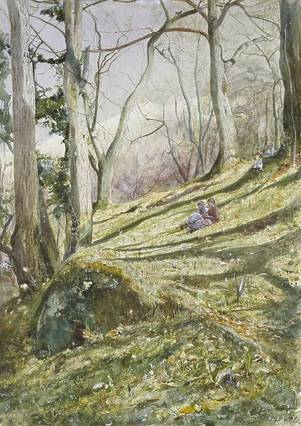 Wooded Slope with four Figures (watercolour on paper)