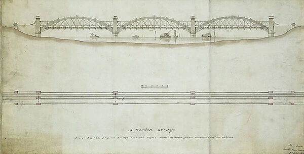 A Wooden Bridge Designed for the Proposed Bridge over the Tyne near Scotswood for the Newcastle and Carlisle Railroad, c. 1830 (pen with wash on paper)