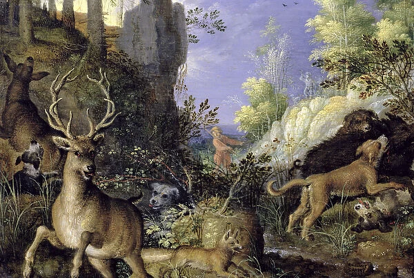 A woodland scene with hunters and animals (oil on canvas)