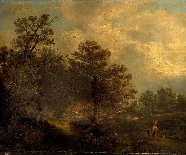 Woodland Scene with Stream and Cottages (oil on canvas)