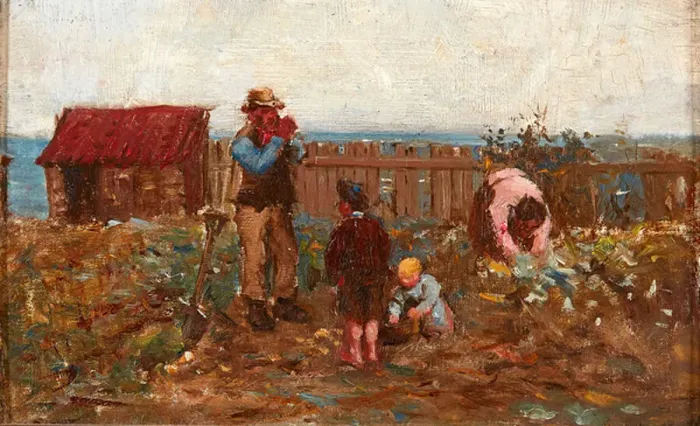 Framed Print : Working in the Vegetable Patch (oil on board) Framed Print : Working in the Vegetable Patch (oil on board)