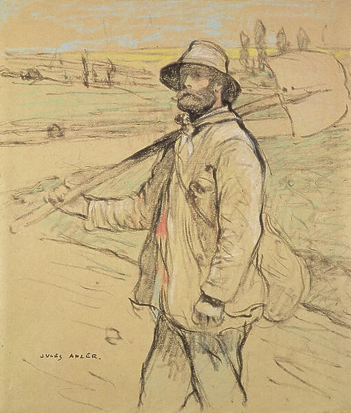 Workman, walking to left, with a Spade over his right Shoulder, 19th century (chalk on paper)
