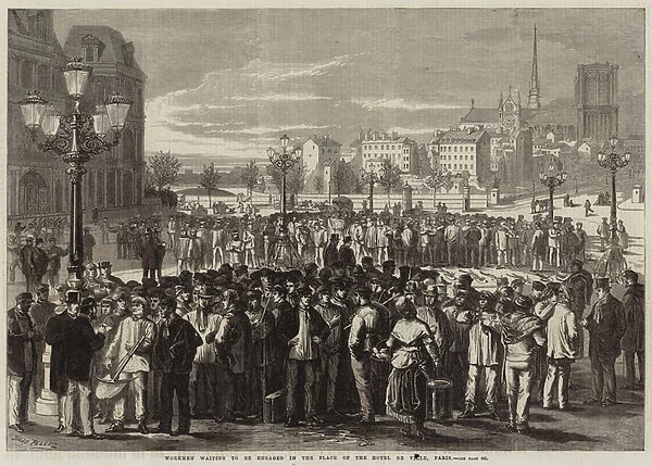 Workmen waiting to be engaged in the Place of the Hotel de Ville, Paris (engraving)