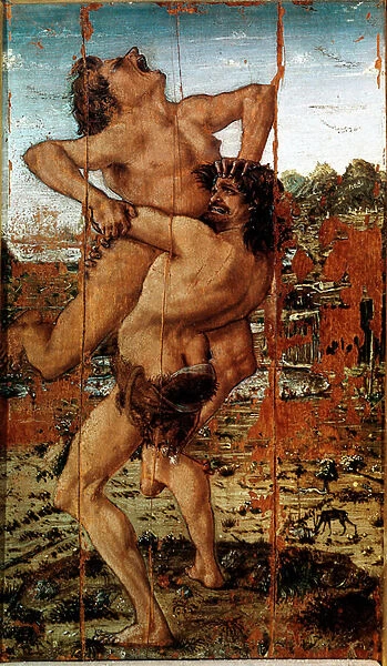 The twelve works of Hercules: 'Heracles (Hercules) Lift the Giant Ante'Painting by Antonio Benci called The Pollaiolo (Pollaiuolo) (1431-1498), 1475. Dim. 9x16 cm Galleria degli Uffizi (Offices), Florence