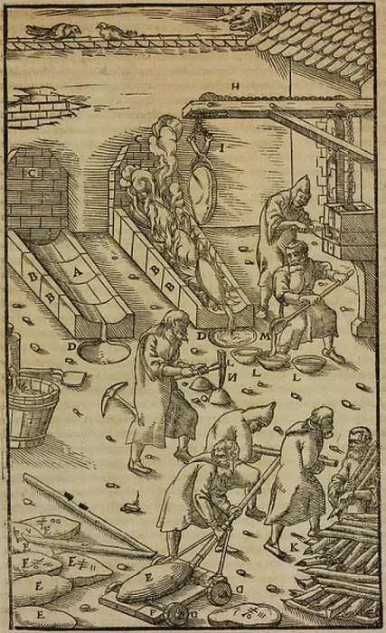 Framed Print : Works from separating silver from copper, engraving from De Re Metallica (On Nature of Metals), by Georg Agricola, published in Basel in 1561