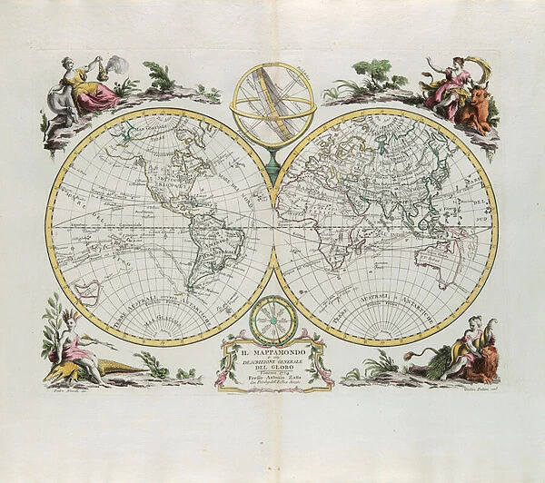 World Map and a general description of the globe, engraving by G. Zuliani taken from Tome I of the 'Newest Atlas'published in Venice in 1774 by Antonio Zatta