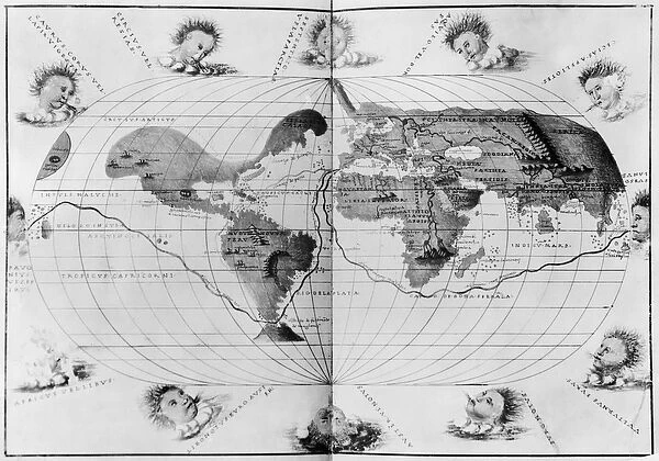 World map tracing Magellans world voyage, from the Portolan Atlas of the World, c