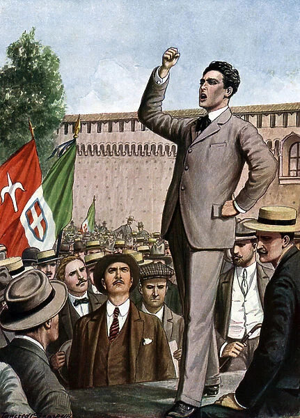 World War I;'The Italian trade unionist Filippo Corridoni (1887-1915), at the head of the Internationalist Action Beams, during an interventionist demonstration in Milan, next to him the future head of state Benito Mussolini