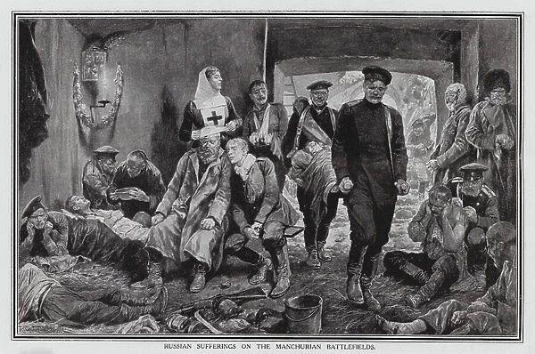 Wounded Russian soldiers, Manchuria, Russo-Japanese War, 1904 (litho)