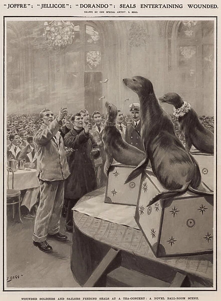 Wounded soldiers and sailors feeding seals at a tea-concert (litho)