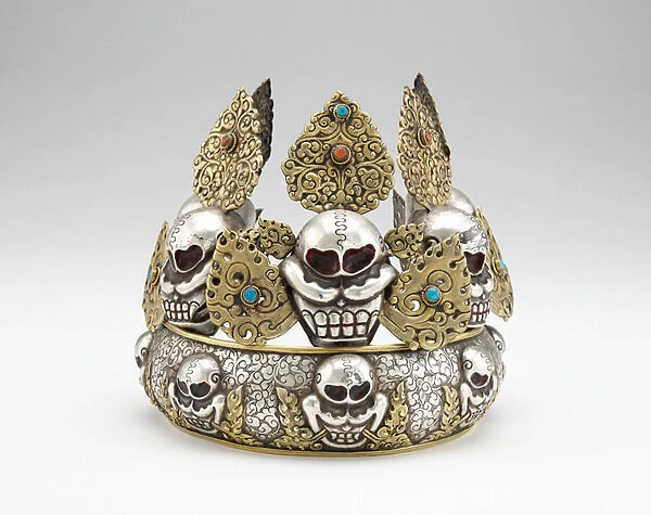 Wrathful deity riitual crown, 19th century (silver and gilt copper; coral and turquoise insets)