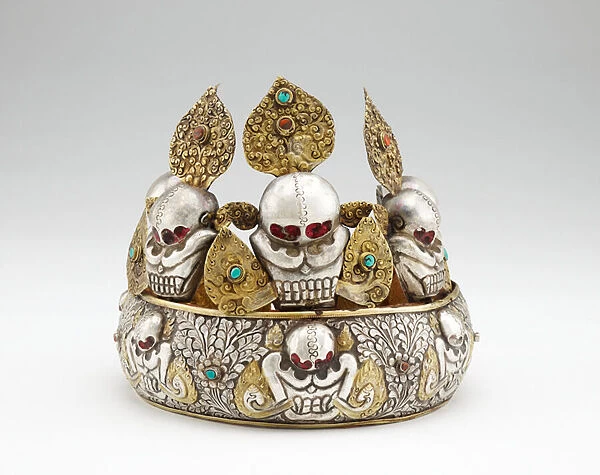 Wrathful deity ritual crown, 19th century (silver and gilt copper; coral and turquoise insets)