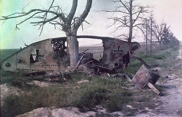 The wreck of a German tank, destroyed in battle on the Western Front, France, c