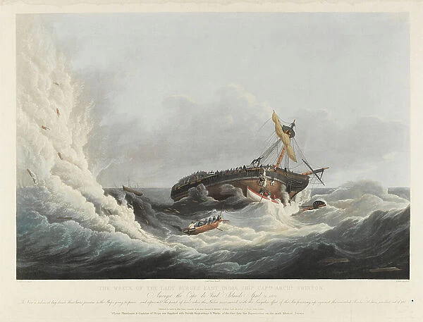 The Wreck of the 'Lady Burgess' East Indiaman amongst the Cape de Verde Islands, April 21, 1806 (aquatint, coloured)