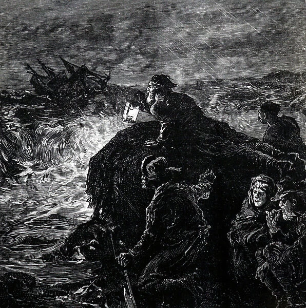 Wreckers luring a ship onto rocks, 1850