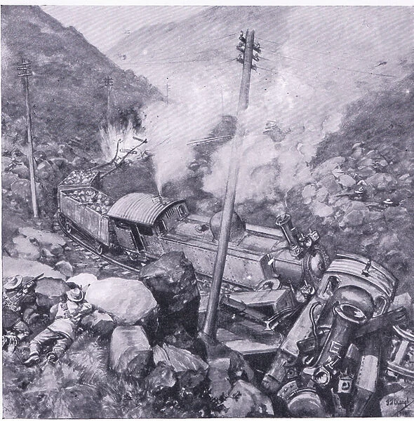 The wrecking of an armoured train near Vlakfontein, illustration from After Pretoria