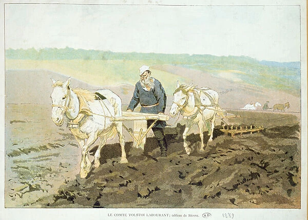 The writer Lev Nikolaevich Tolstoy (1828-1910) ploughing with horses, 1889 (colour litho)