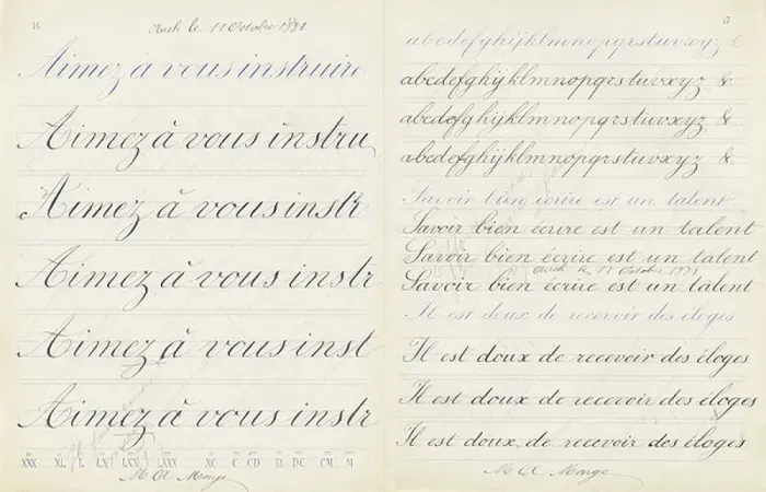 Framed Print : Writing notebook, large and medium cursive writing, c1880-1900 (print)