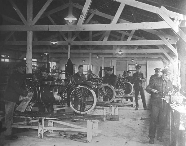 A WWI motorcycle repair shop (b  /  w photo)