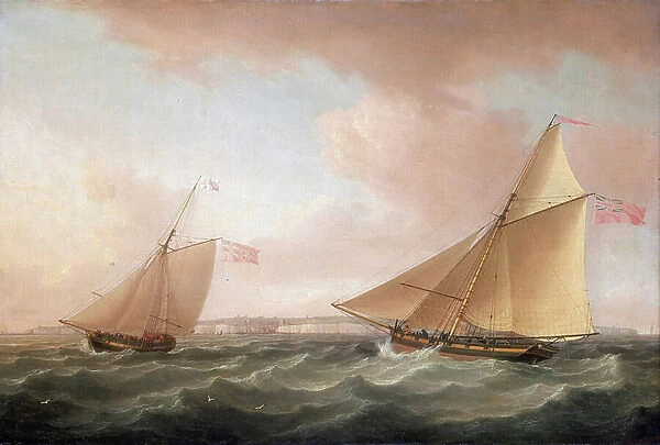 A yacht from the British Lighthouse Service and a Revenue Cutter (sailboat armed for the fight against smuggling), off Ramsgate (England)
