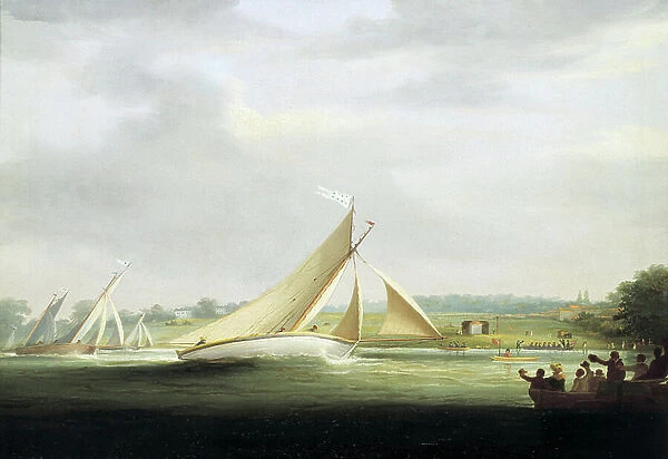 Yachts from the Cumberland Society race, on the Thames (England), circa 1815, ancestor of the Royal Yacht Race on the Thames. Oil on canvas, 1815, by William Havell (1782-1857)