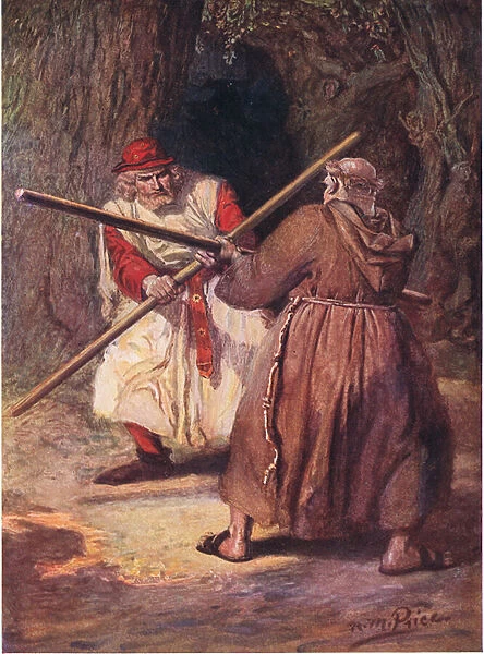 He yielded before the steady strokes of Friar Tuck, illustration from The Childrens Tennyson: Stories in Prose and Verse from Alfred Lord Tennyson by May Byron, 1910 (colour litho)