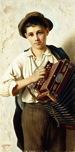 A Young Accordian Player (oil on canvas)