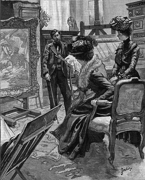 A young artist, before sending his painting to the salon, submits him to the sincere criticism of his friends. Engraving by Bauchart from a drawing by Jordic, 1901