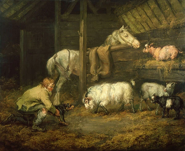 Young Boy and his Dog in a Stable with a Horse and Sheep (oil on canvas)