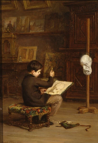 Young Boy Drawing from a Cast Head, 1879 (oil on panel)