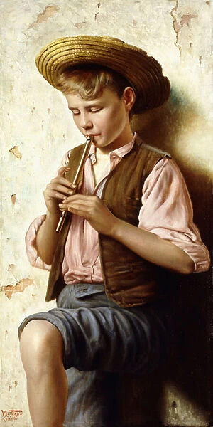 A Young Boy with a Flute (oil on canvas)